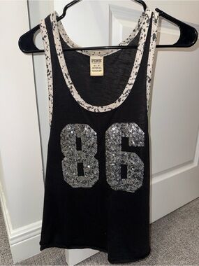 PINK Victoria's Secret Black Muscle Tank with Silver Sequin '86'